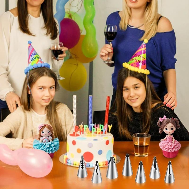 8PCS Pleated Skirt Piping Tips Set, Stainless Steel Cake Decorating Tips Nozzle Piping Set Frosting Icing Tips with Cleaning Brush for Pastry Fondant Cupcakes Cake Decorating