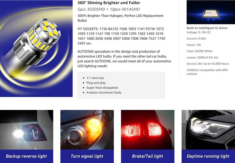 AUTOONE 1156 LED Bulb, LED Reverse Lights 300% Brighter BA15S 7506 1003 1141 P21W 6500K White LED Replacement for Backup Light, Tail Light, Pack of 2