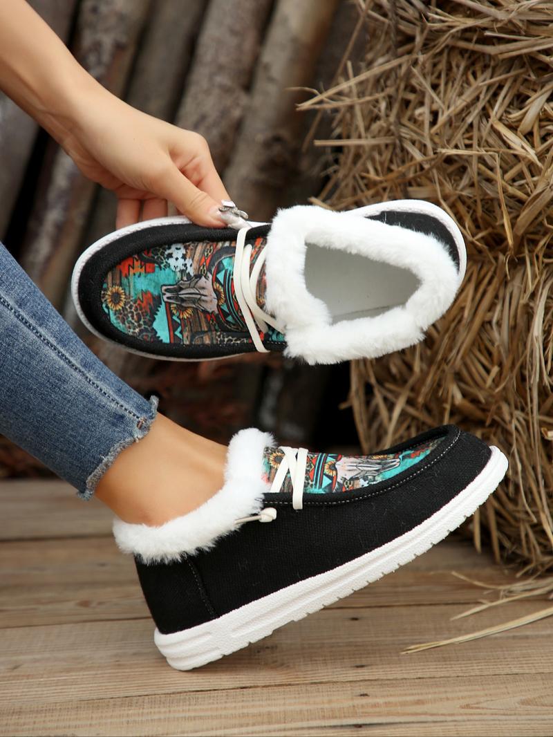 Bohemian Style Winter Snow Boots for Men & Women, Warm Fur Lined Canvas Shoes, Casual Lace-Up Outdoor Urban Sports Sneakers