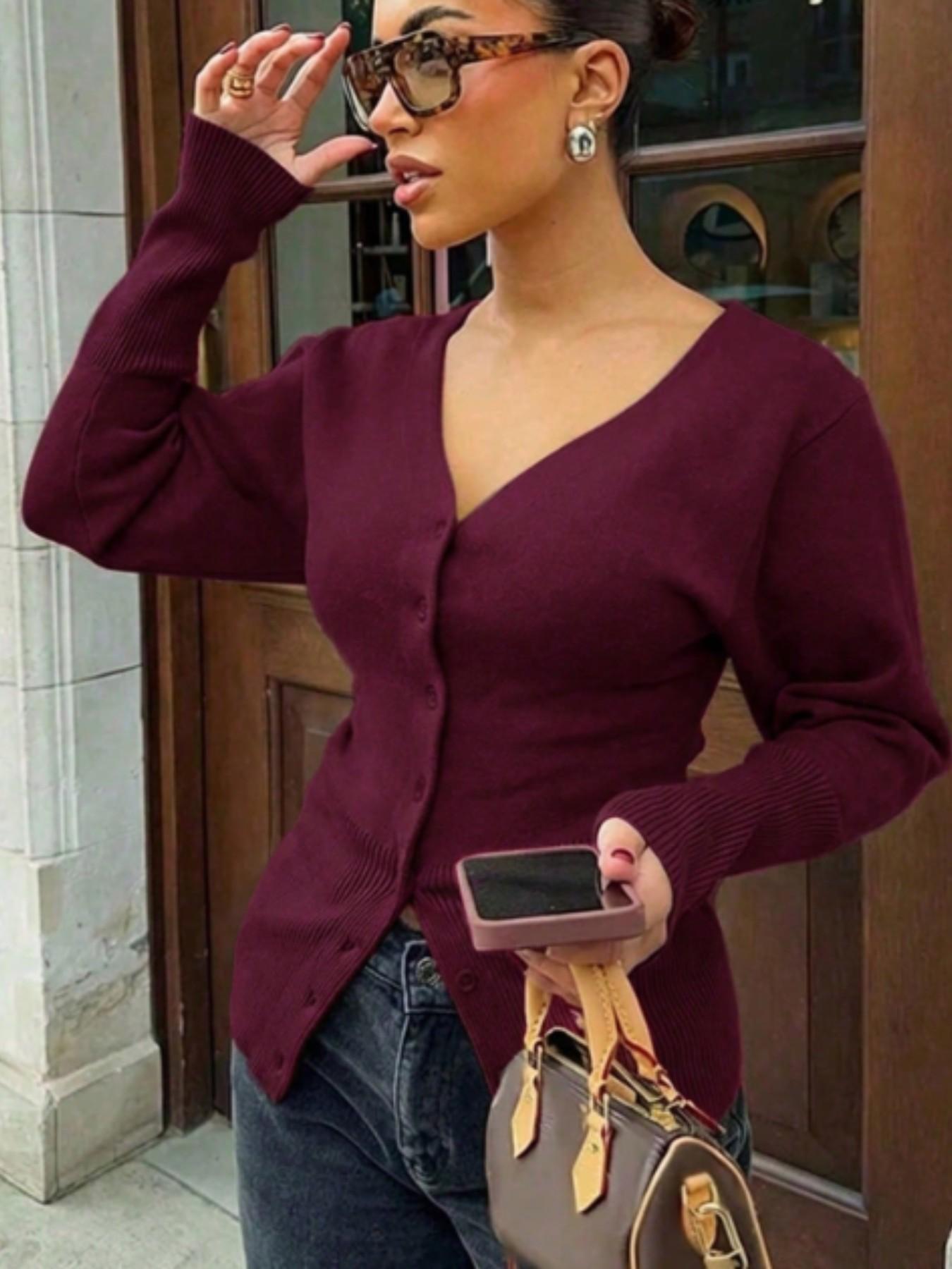 Women's Solid V-Neck Cardigan Long Sleeve Button Front Ribbed Knitwear Elegant Slim Fit Sweater Top Fall Winter Daily Wear Fashion Knit Clothing Ladies Casual Outfits Knitting