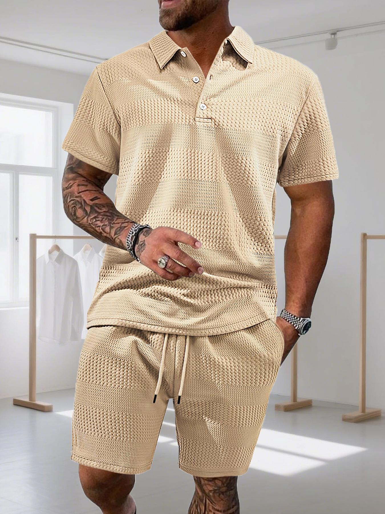 Two-Piece Set Men's Solid Color Textured Short Sleeve Polo Shirt & Drawstring Waist Shorts Set, Regular Fit Casual Fashion Cozy Breathable Two-piece for Summer, Men Clothes Set for Beach Vacation