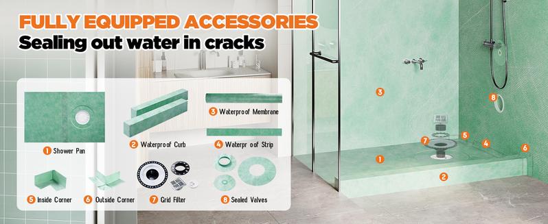 Vanacc Shower Curb Kit with Complete Shower Kit- Tray, Curb, Membrane, Seals, Bonding Flange, Corners, Trowel and Level,Green