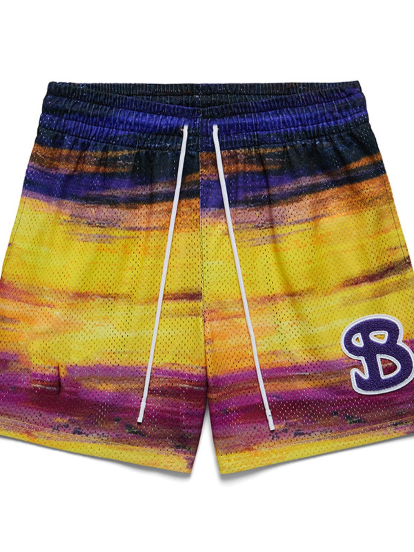 American Style Bktsqd Oil Painting Mesh Breathable Quick-Dry Four-Quarter High-Quality Gym Shorts for Men, Summer Fashion