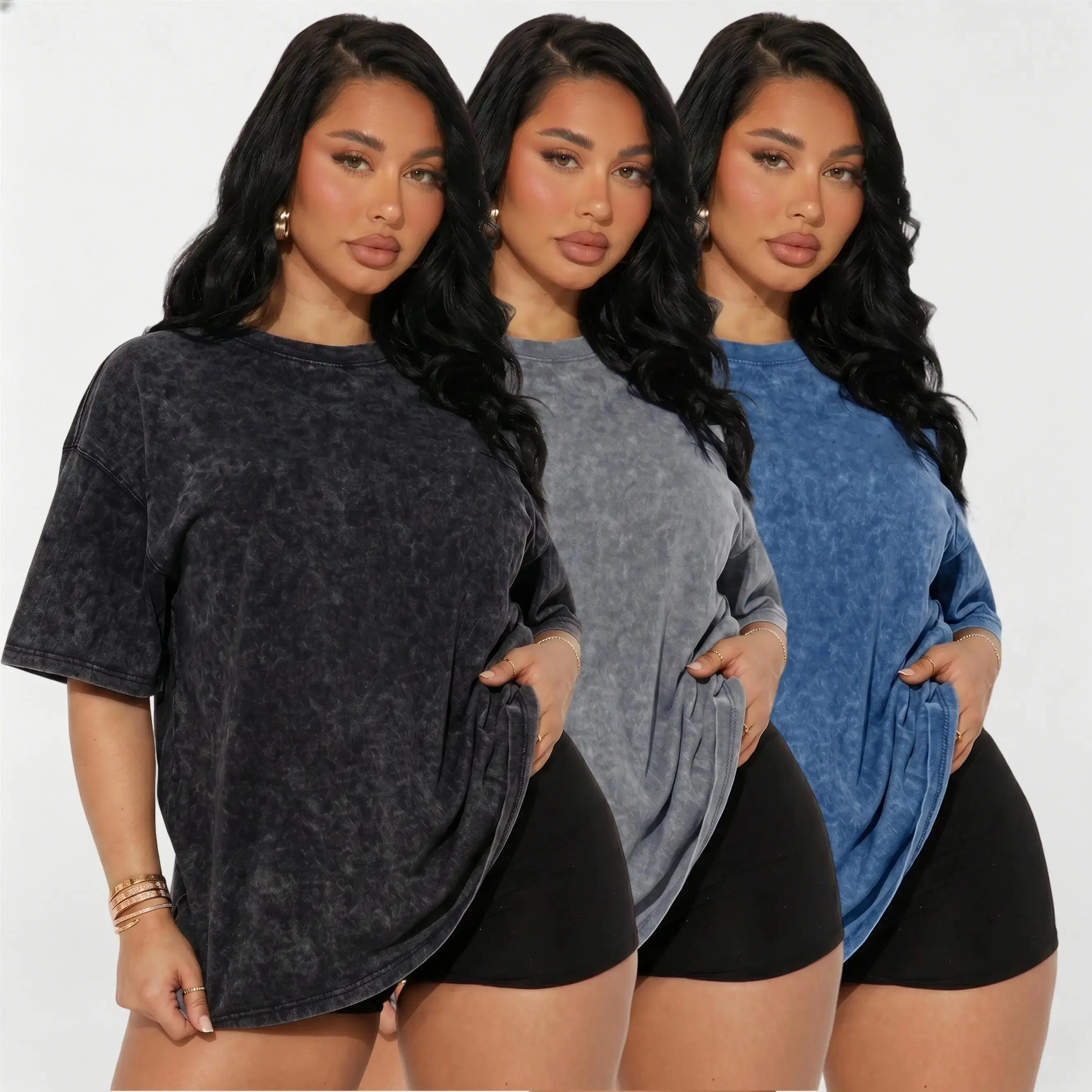 Women's 3-Piece Oversized Washed Distressed Short-Sleeve 100% Pure Cotton T-Shirt Set, Soft Casual Loose-Fit Base Layer Top, Ideal for Music Festivals & Everyday Wear