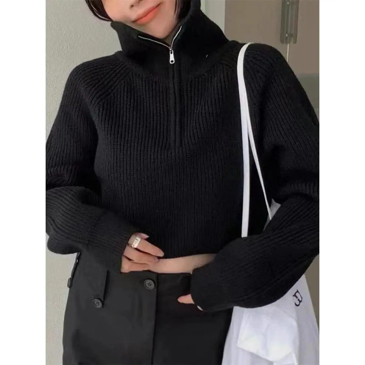 Quarter Zip Knit Sweater Cozy High Collar Long Sleeve Crop Jumper Pullover Women Teenage Girl Fall Winter