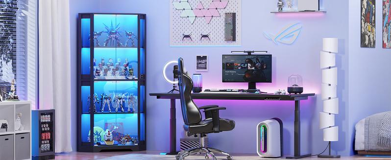 BROTTAR Display Cabinet with Glass Doors, 65" Lighted Curio Cabinet with 3 Color Lights for Collectibles, Toys, 4-Tier Corner Display Case with Human Body Sensor for Living Room,  Led Lighting,Large Storage Capacity ,Black