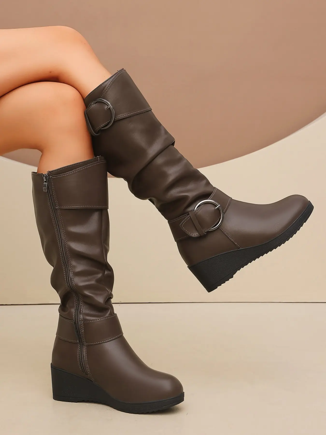 Women's Pleated Wedge Knee-High Boots, Dual Buckle PU Leather, Side Zipper Heel Boosters, Fall Winter Daily Commute Riding Boots