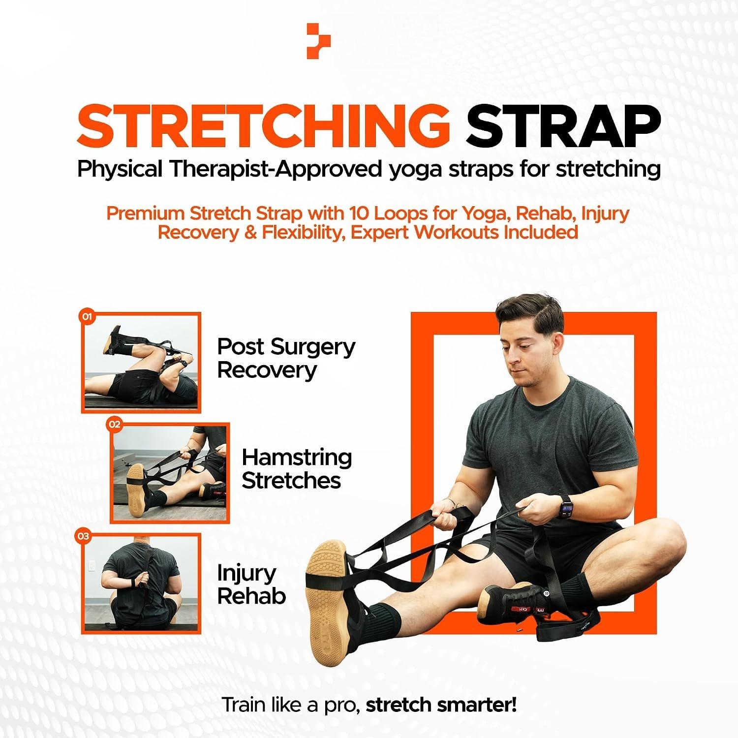 Stretching Strap, 10 Loops, Non-Elastic Stretch Strap, Yoga Strap | Flexibility , Non-Elastic,  &  Stretcher, Rehab, Pilates,  & Gym Use, Workout Guide Included