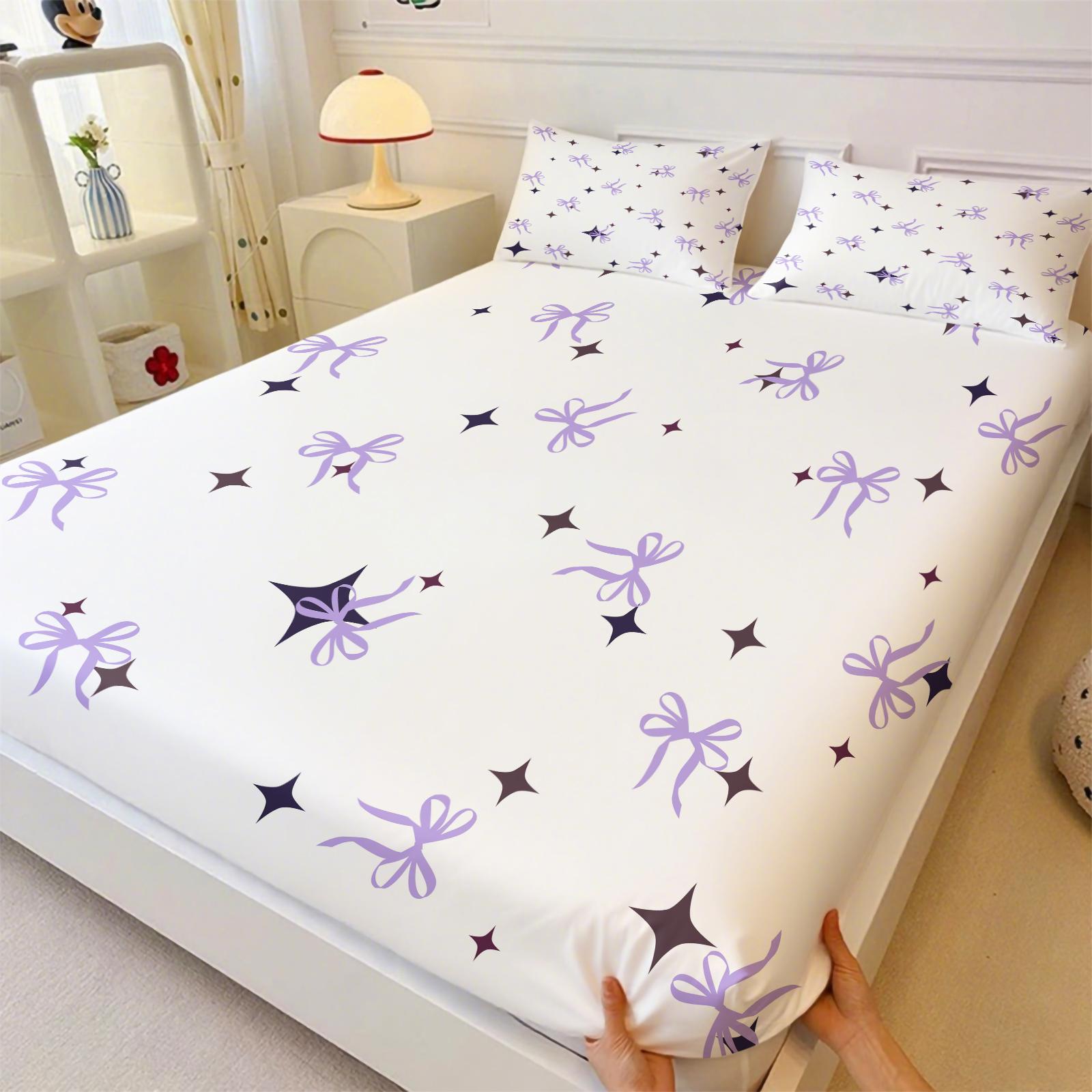 Purple bow and star pattern printed fitted sheet and pillowcase set, Bedsheet Sets, dreamy starry sky bedroom bedding, a great gift.