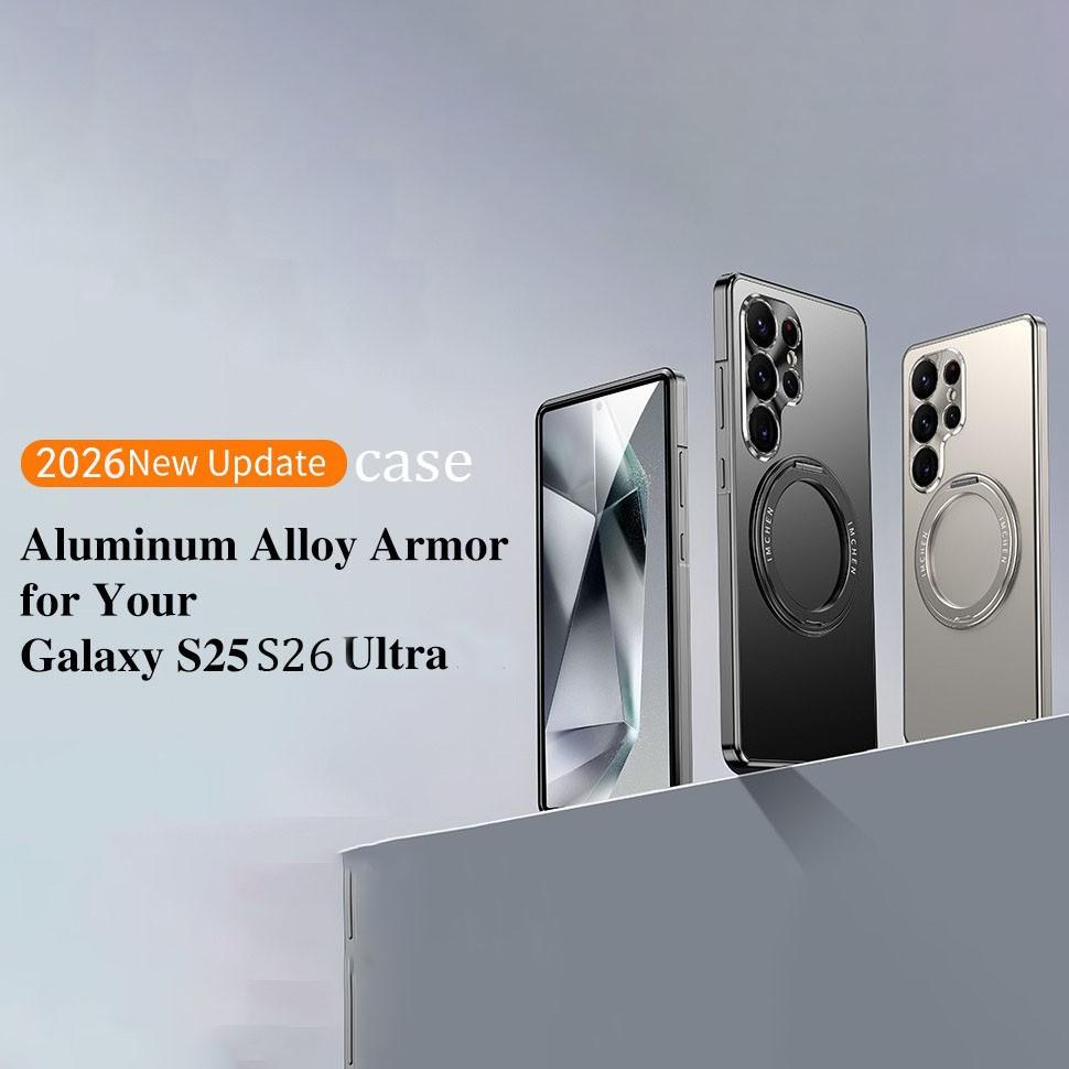 Samsung Galaxy S26 S25 Ultra Metal Frame Phone Case, 360° Rotating Stand + Lens Protection, PC Back Cover + Aluminum Alloy Frame Stylish Business Ultra-Thin Drop-Proof Protection Case (Includes 1 High-Quality Screen Protector)