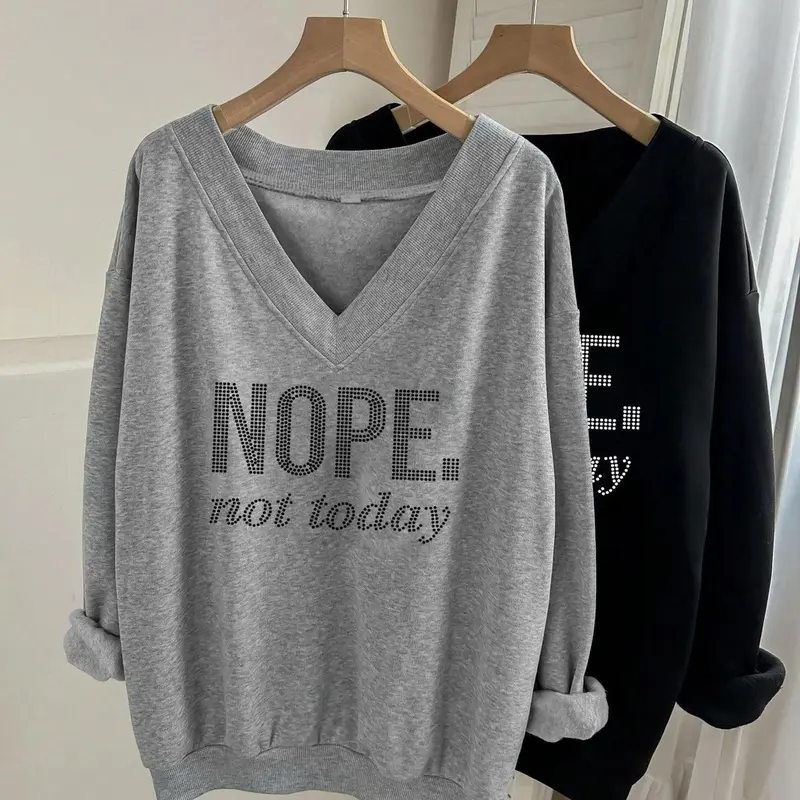 Women's Casual Loose-Fit Letter Print V-Neck Long Sleeve Sweatshirt, Fall Winter Outerwear, 1-Piece or 2-Pieces Set, Casual Sweatshirts
