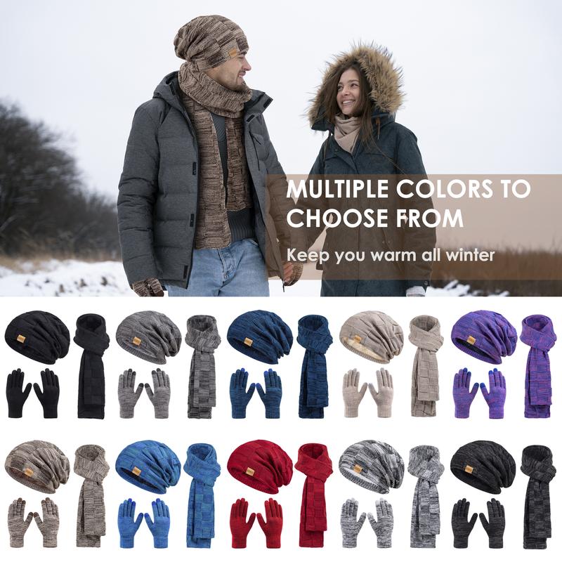 3PC Winter Beanie Scarf Gloves Set Warm Knit Hat with Fleece Lining Cozy Long Scarf and Touch screen Gloves