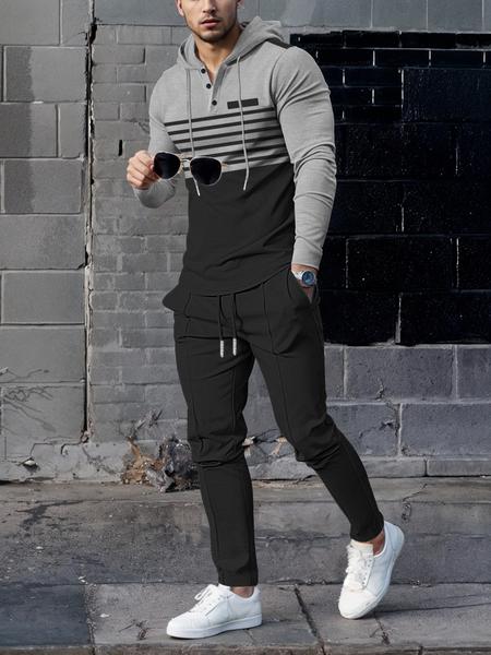 Men's Striped Hooded Sweatshirt & Waffle Knit Pants Set, Breathable Heavy Fabric, Casual Streetwear Travel, All Seasons Wear