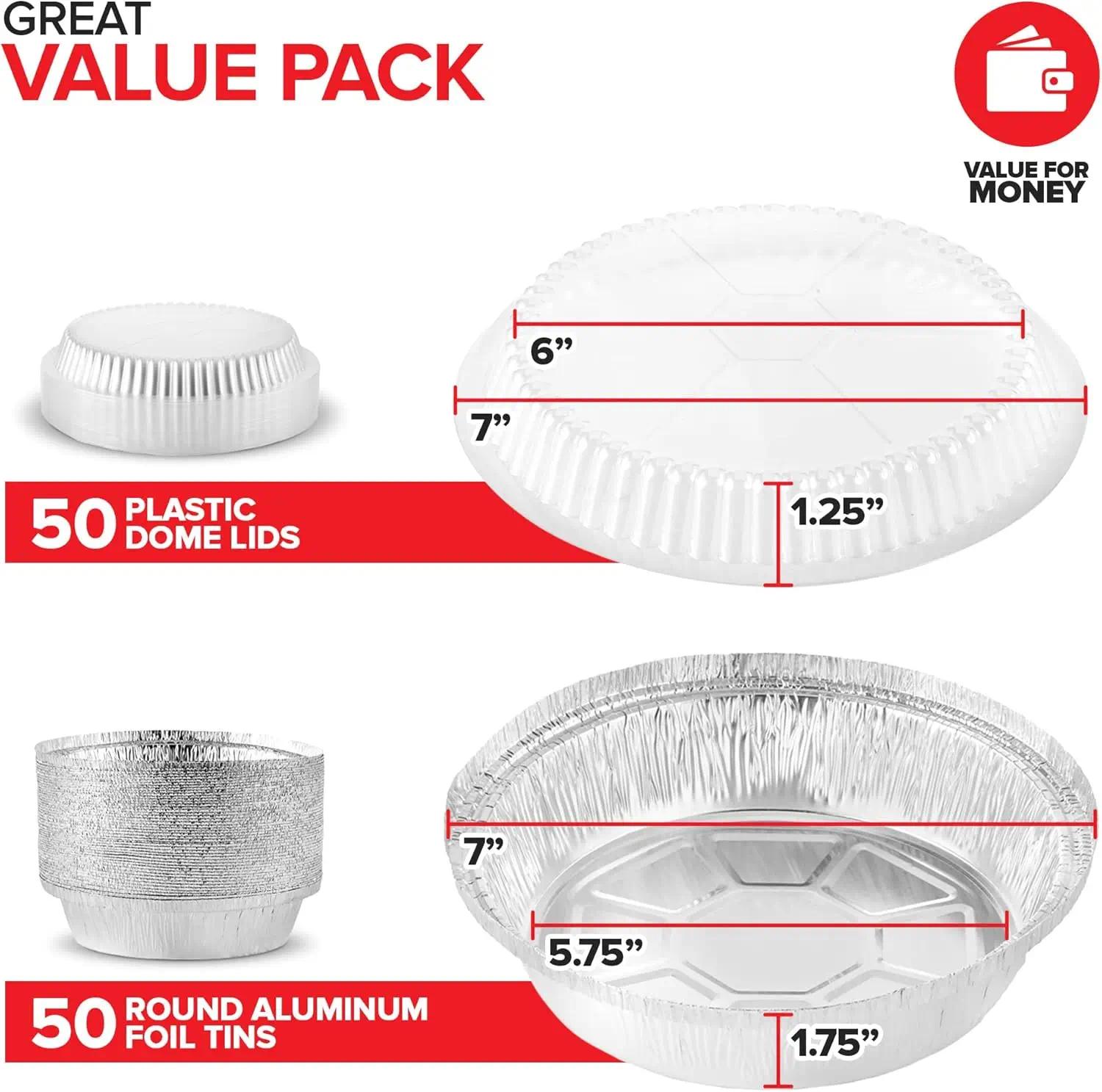 7 Inch Round Aluminum Pans with Lids, 50 Pack - Disposable Foil Pans for Baking, Takeout, and Storage