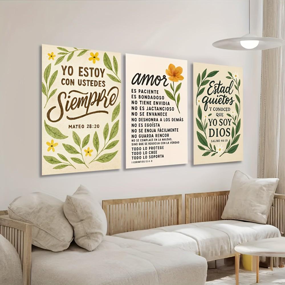 3pcs Religious Canvas Wall Art, Spanish Bible Text, Floral Elements, Wooden Frame, Home Office Church Decor, Jesus Theme Gift