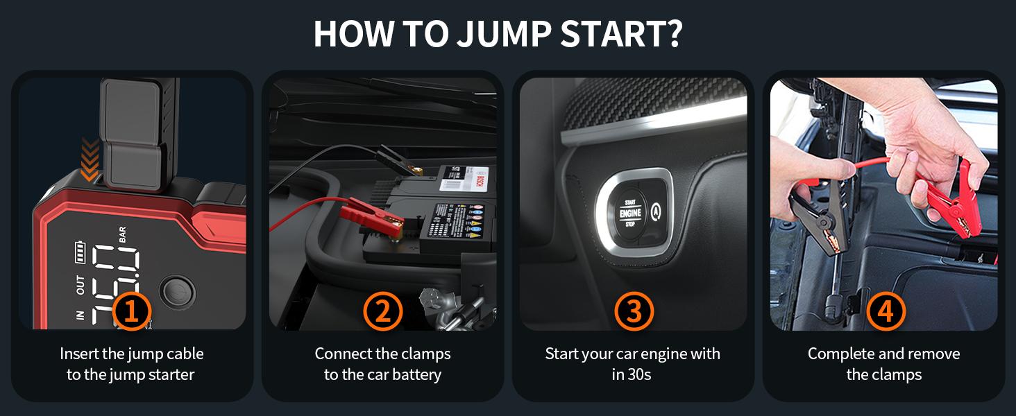 20000mAh Portable Jump starterwith ，12V Car Battery Jump Box, 9L Gas & 8LDiesel Engines, Wireless, SafeClamps for Easy Use cable Automotive Tool Kit