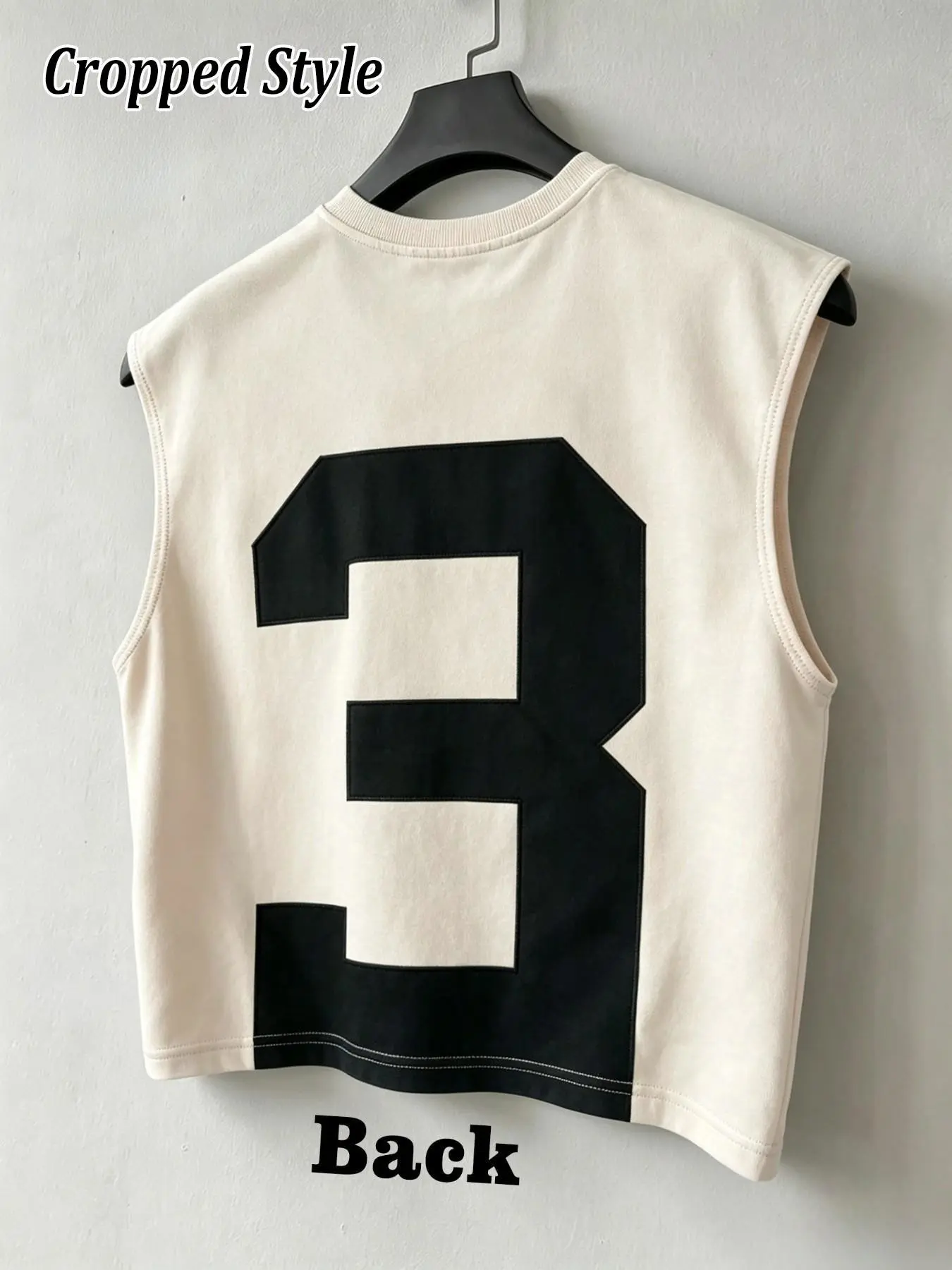 Men's Cropped Sleeveless Vest, Round Neck Loose Fit, Number 3 Print, Casual Street Sport Top