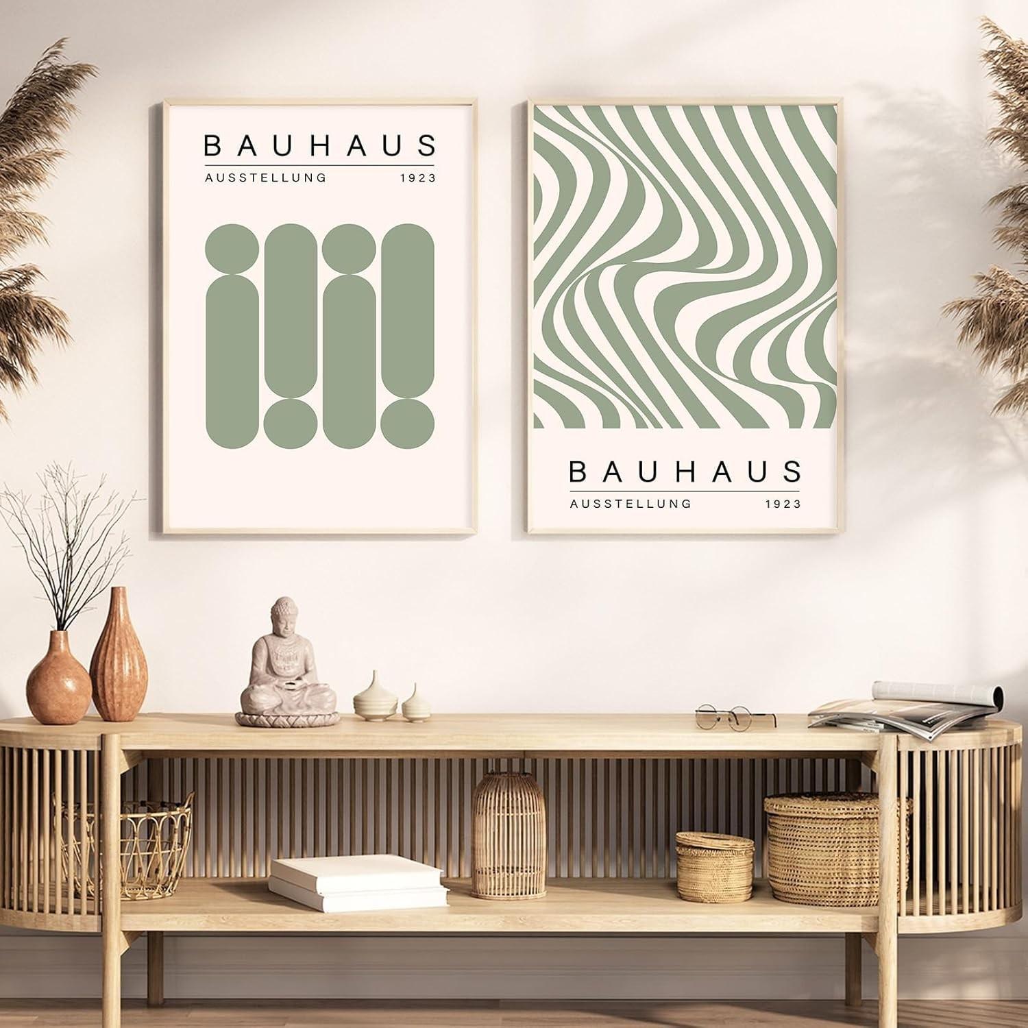 3pcs/set Geometric Line Wall Art Bauhaus 1923 Poster Sage Green Abstract Paintings Mid Century Modern Artwork Bauhaus Exhibition Poster Abstract Shape Prints Boho Modern Picture for Livingroom Unframed