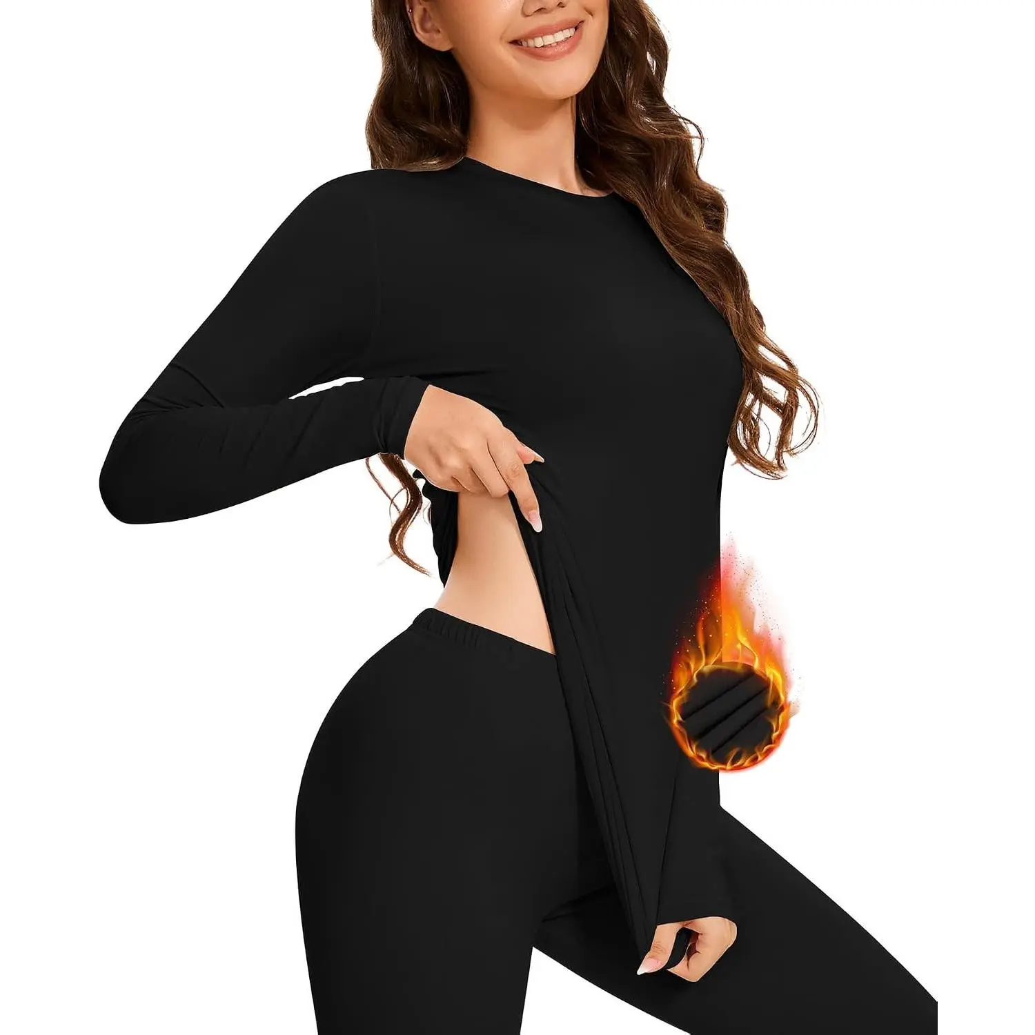 Women's Full Length Long Sleeve Thermal Undershirt - Soft Base Layer Top with Warm Fleece Lining, Regular