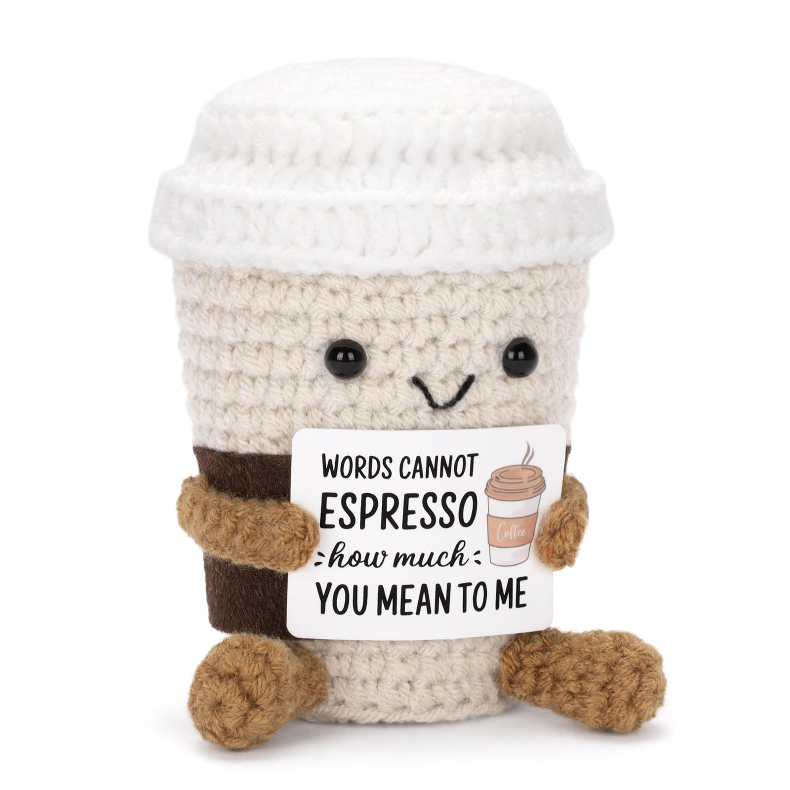 Knitted Yarn Handmade Look Soft Plush Coffee Cup Toy - Portable Pocket Pal, Keyring, Desk Buddy, Unisex Gift for Birthday Gifting