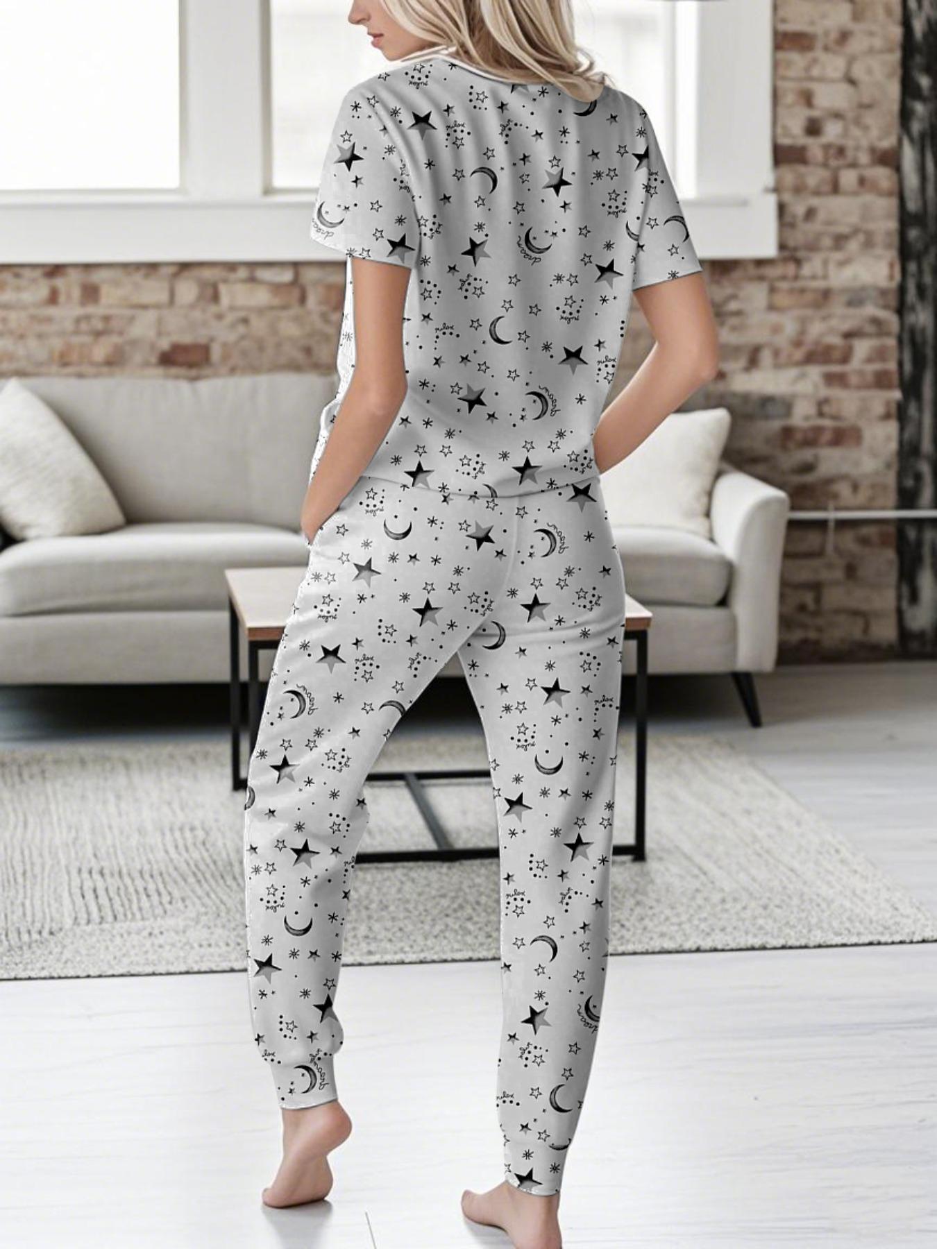 Women's Cartoon Animal Print V Neck Tee & Pants Pyjama Two-piece Set, Soft Casual Pajamas, Casual Comfy Short Sleeve T-shirt & Pocket Trousers PJ Set, Ladies Summer Sleepwear, Loungewear