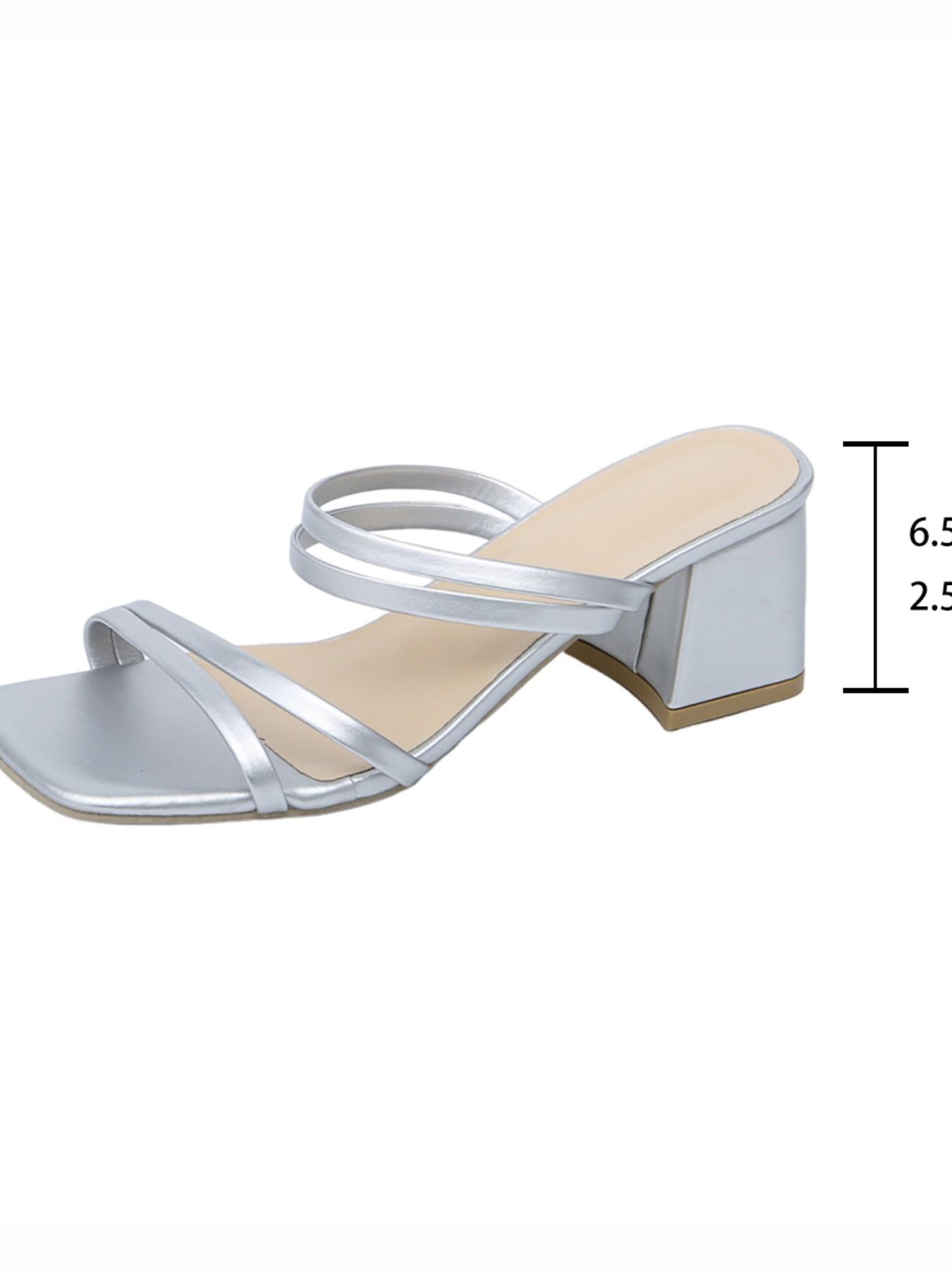 Summer Women's French Style Silver Color Two-Band Square Toe Heeled Sandals, Open-Toe Slip-On Comfortable Non-Slip Shoes for Office, Date, Beach
