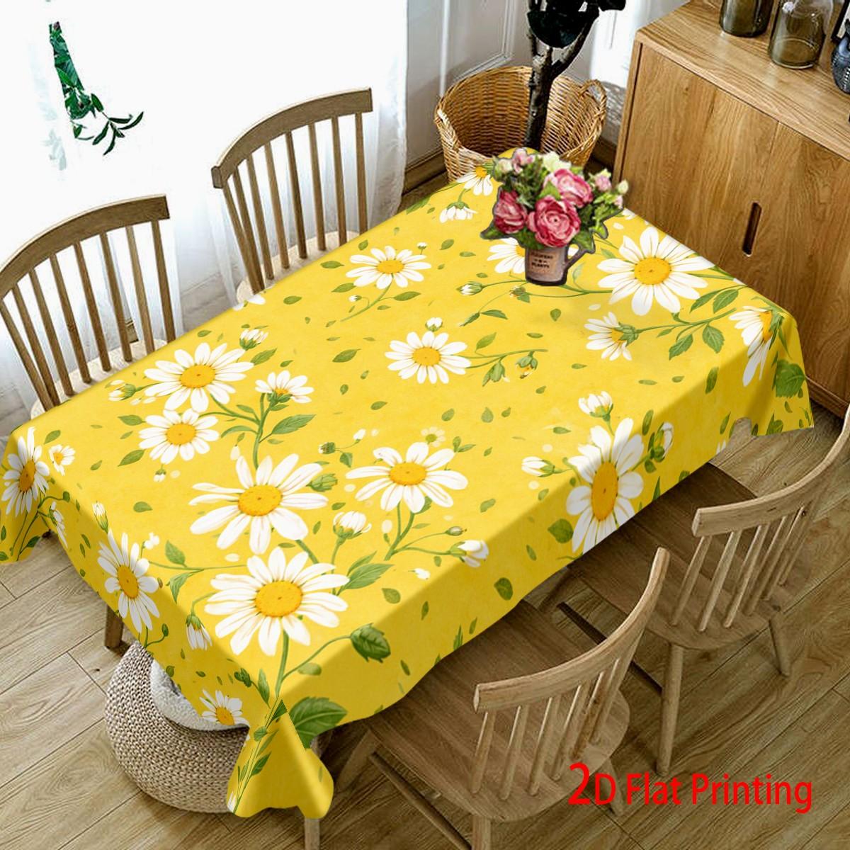 Floral Tablecloth, Bright Daisies, Easy-Clean Polyester, Rectangular Dining Table Cover, Party, Wedding, Home Decor