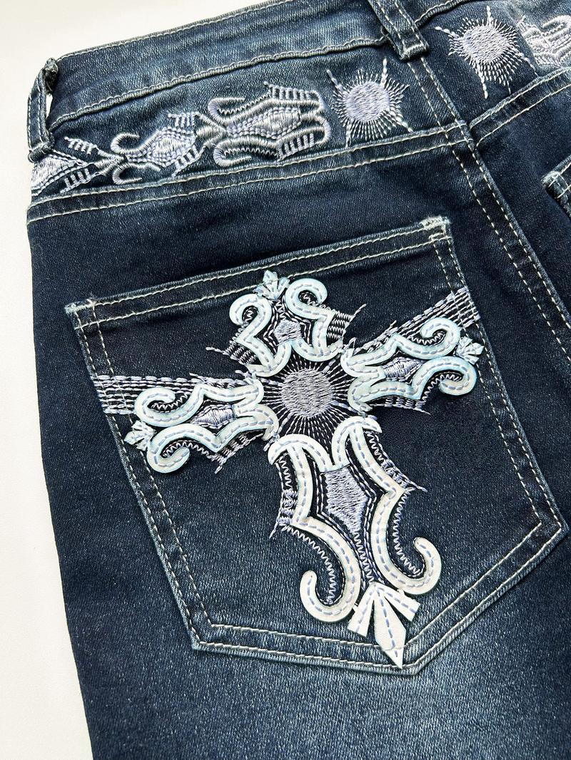 Grunge Punk Y2K Retro Poket Cross Wings Embroidered Flare Leg Fitted Stretch Jeans For Women,Bootcut Jeans
