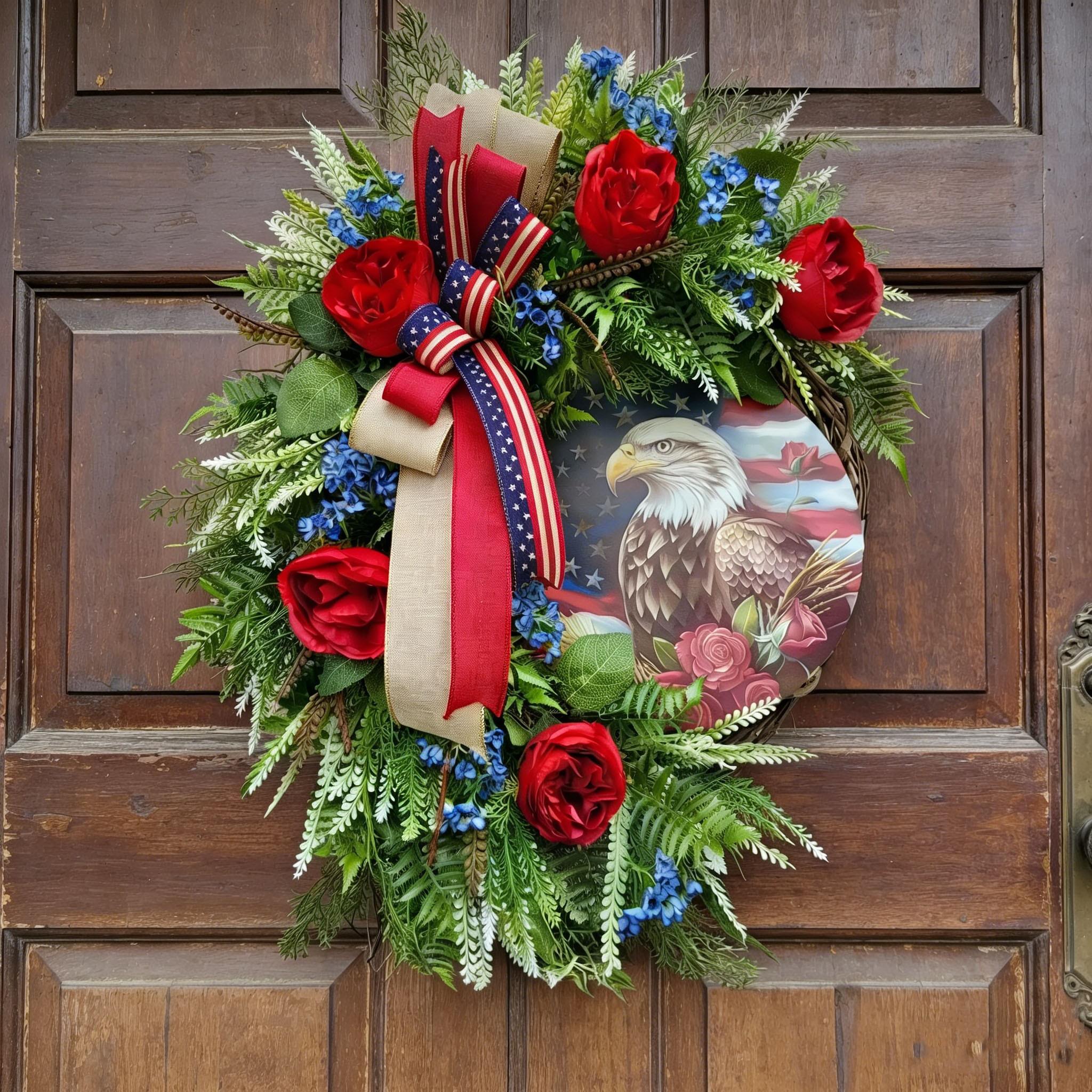 Patriotic Bald Eagle Wreath, Independence Day Memorial Decoration, Rose American Flag Wreath, Rustic Door Hanging, Indoor Outdoor Decor