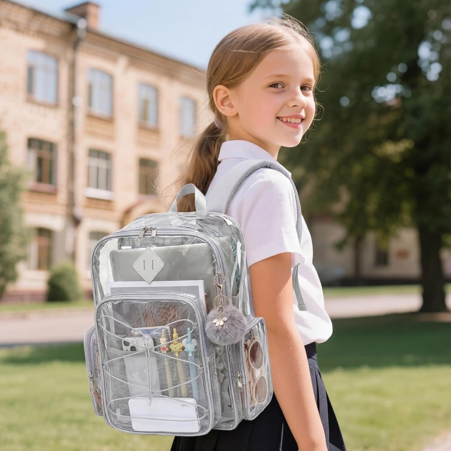 Clear Backpack for School Girls Women, Boys  Heavy Duty PVC Transparent Backpacks See Through Clear Bookbags Light Grey