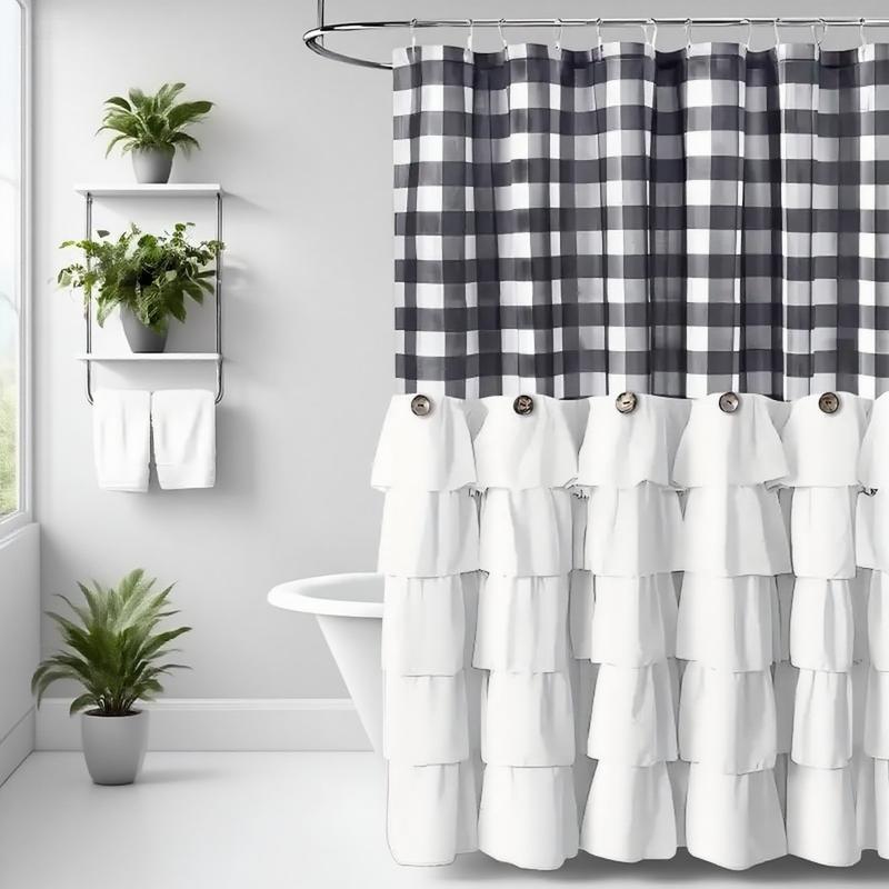 Farmhouse Ruffle Shower Curtain with Handmade Vintage Buttons, Country Buffalo Plaid Fabric Black and White Shower Curtains for Master Bathroom, Bathroom Decor Shower Curtain with 12 Holes,72" x 72"