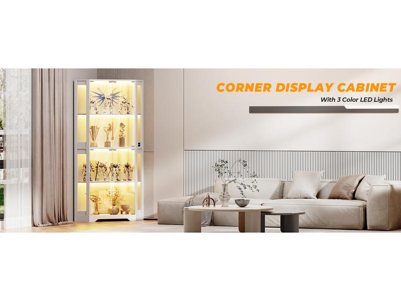 BROTTAR Corner Display Cabinet with Glass Doors, 65" Lighted Curio Display Case with 3 Color Lights for Collectibles, 4-Tier Corner Display Case with Human Body Sensor for Living Room,Large Storage Capacity, White