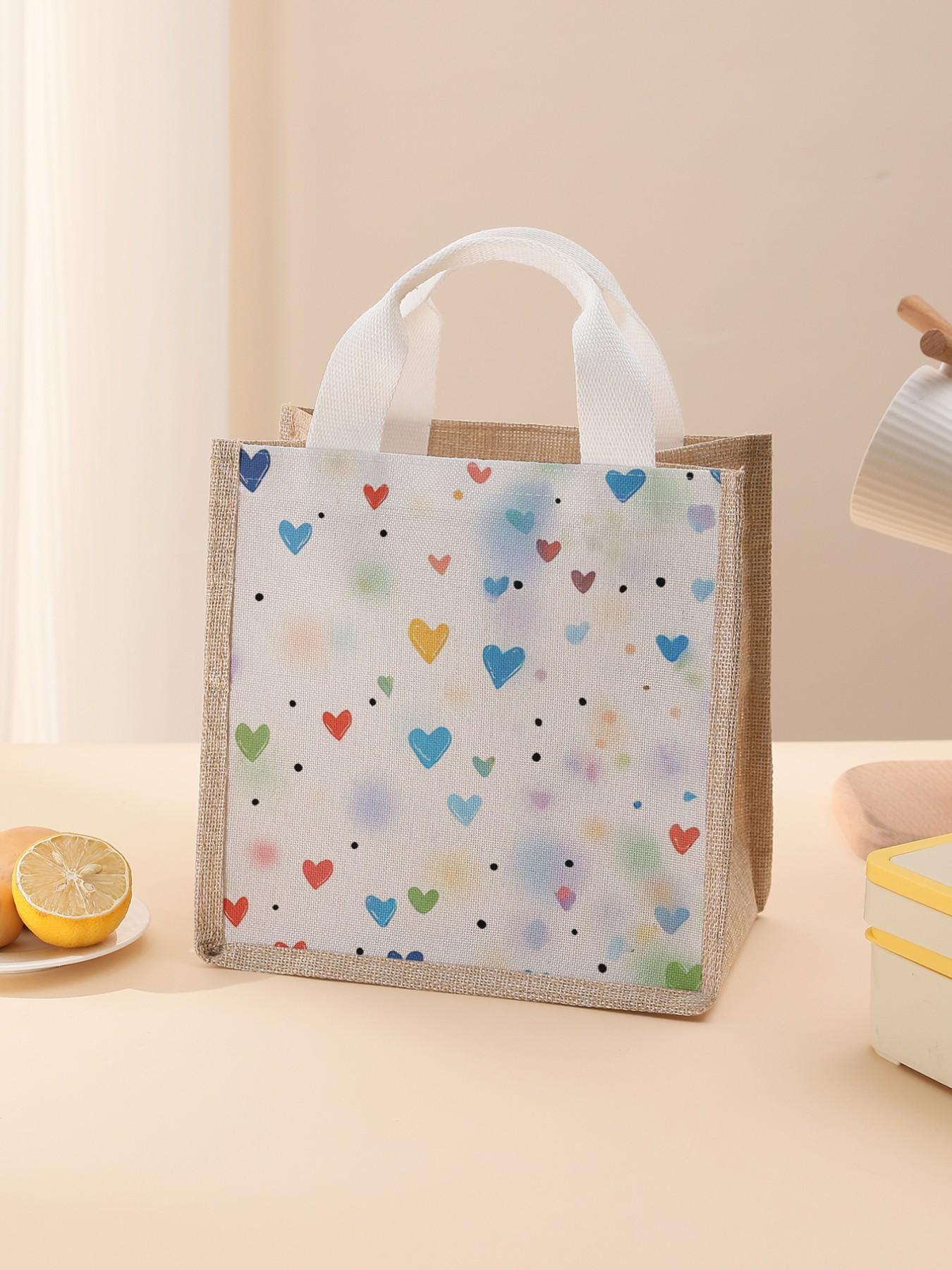 Heart Pattern Handbag Portable Lunch Bag, Women's Casual Shoulder Bag, Large Capacity Picnic Food Drink Bag, Valentine's Day Gift