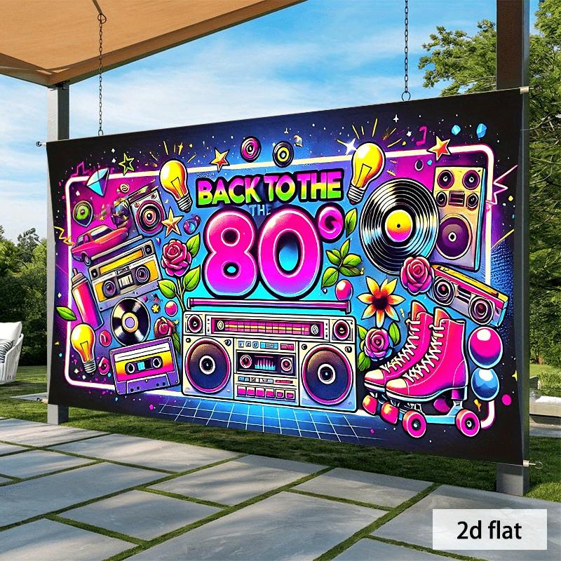 1pc Back to the 80s Retro Collage Party Banner - Vibrant  Polyester Background with Boombox, Cassette & Roller Skate Design for Birthdays, Weddings, Photo Studio Props, Home Decor, Event Decoration, Nostalgic Theme, Flat Lay Style, 2D Flat