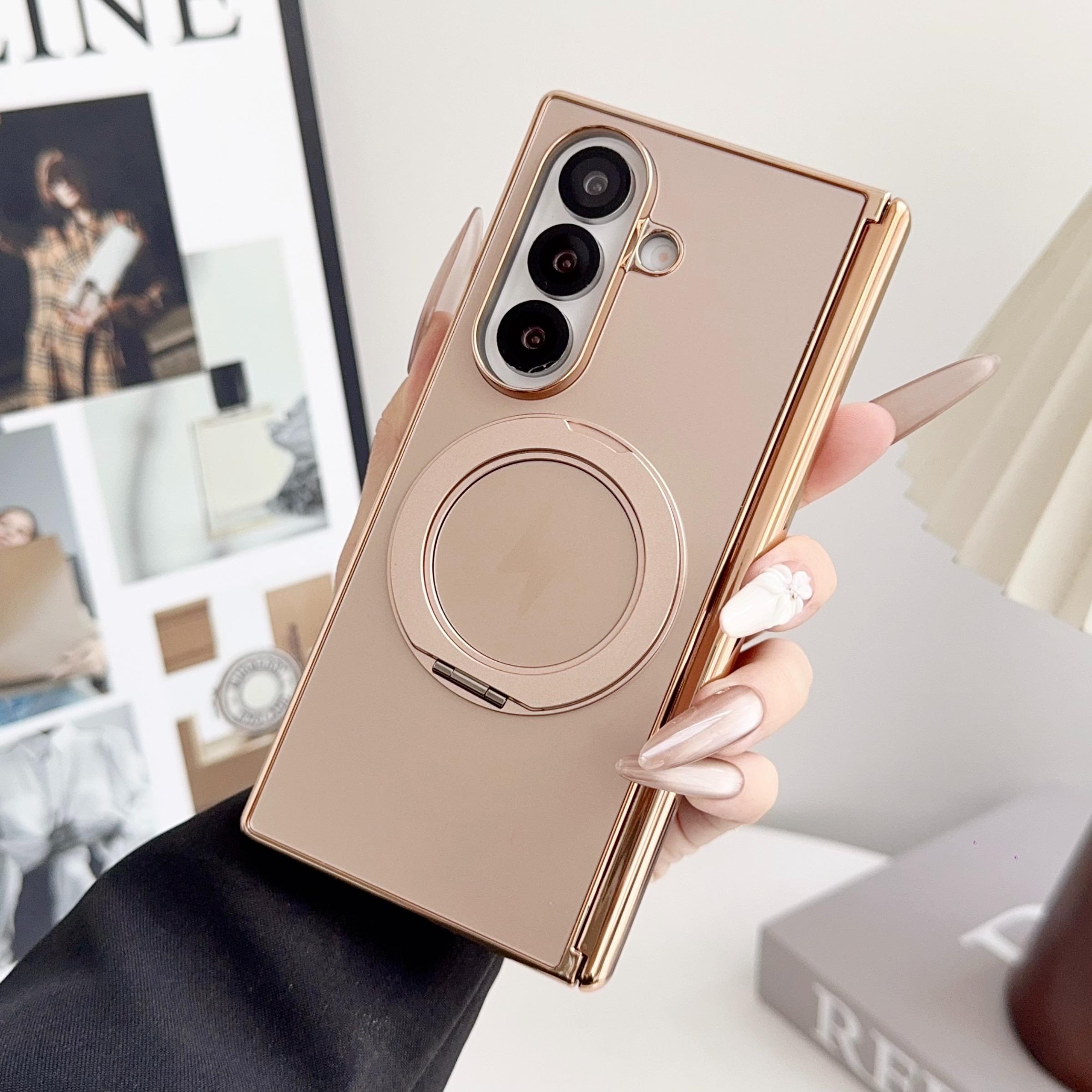 High-End Ag Frosted Electroplated Dual Axis Phone Case for Samsung Galaxy Z Fold7/6/5/4, 360° Rotating Stand, Wireless Charging Support