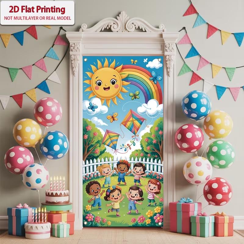 2D Flat Happy Kids Spring Summer Door Banner, Cartoon Sun Rainbow Kite Garden Backdrop, Kids Birthday Party Classroom Decor