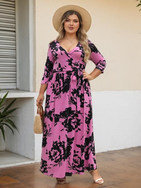 Women's V Neck Stretchy Casual Long Plus Size Dress, Perfect for Bridesmaids, Vintage Style Wedding & Party Wear, Comfortable All-Day Fabric