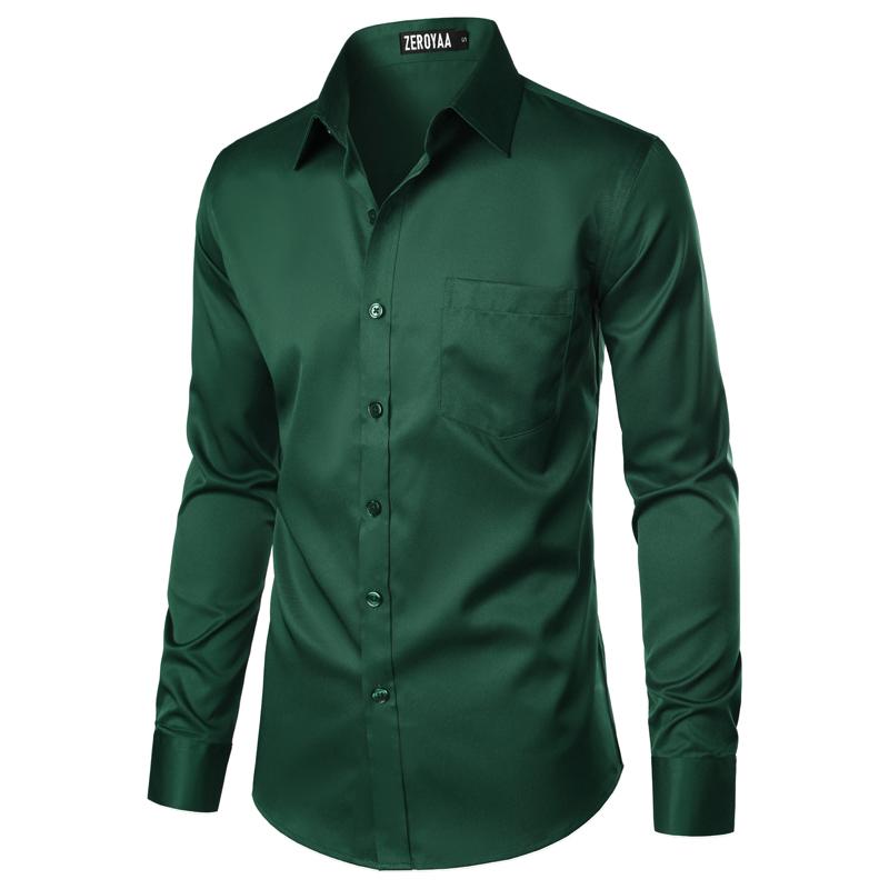 ZEROYAA Men's Beige Polyester Long Sleeve Button-Up Dress Shirt with Left Chest Pocket Urban Casual Business Slim Fit Tops