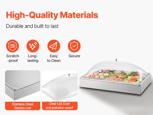 VEVOR Countertop Food Serving Display Container, 1x 1 Pan Stainless Steel Food Serving Tray, Buffet Condiment Dispenser Display Rack with Clear Arc Lid 3 Ice Trays, for Restaurant, Hotel, Party