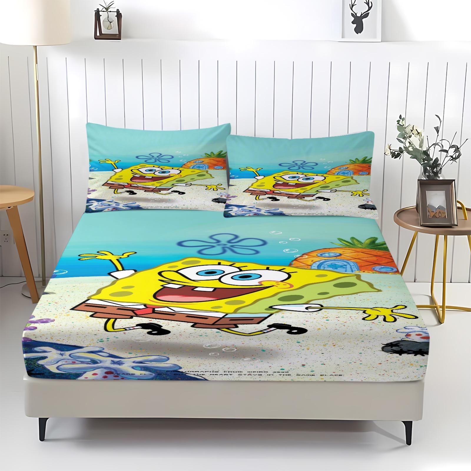 3 Piece Spongebob Pattern Fitted Sheet Set, Soft And Durable Bedding Set Includes 1 Piece Flat Sheet And 2 Pieces Pillowcases, Daily Holiday Birthday Gift Bedroom Decorations For Kids And Adults