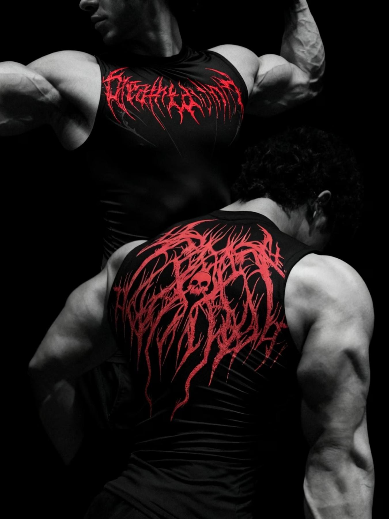 Dark Personality Print Tight Fit Sleeveless T-Shirt, Quick-Dry Elastic Gym Training Top, European Style Muscle Show Sport Vest