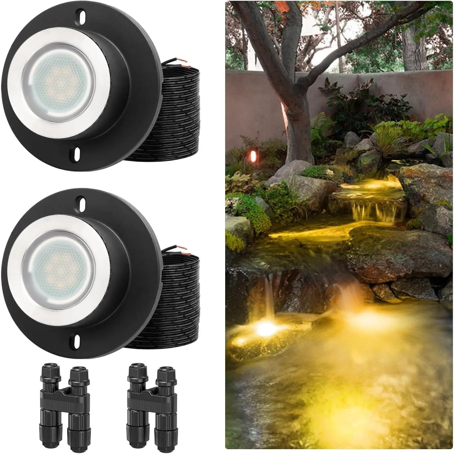 3W LED Underwater Pond Lights, 2700K Warm White, IP68 Waterproof Low Voltage Submersible Fountain Lights for Ponds, Tanks, Garden, Waterfall - 12-24V AC/DC, 2 Pack