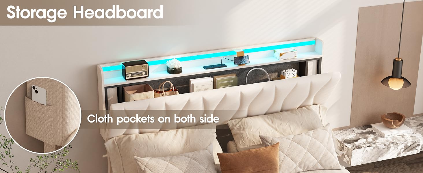 Vabches Lift Up Storage Bed Frame with Adjustable Headboard, Charging Station, LED Lights, Wood Slats, Noise-Free, No Box Spring Needed