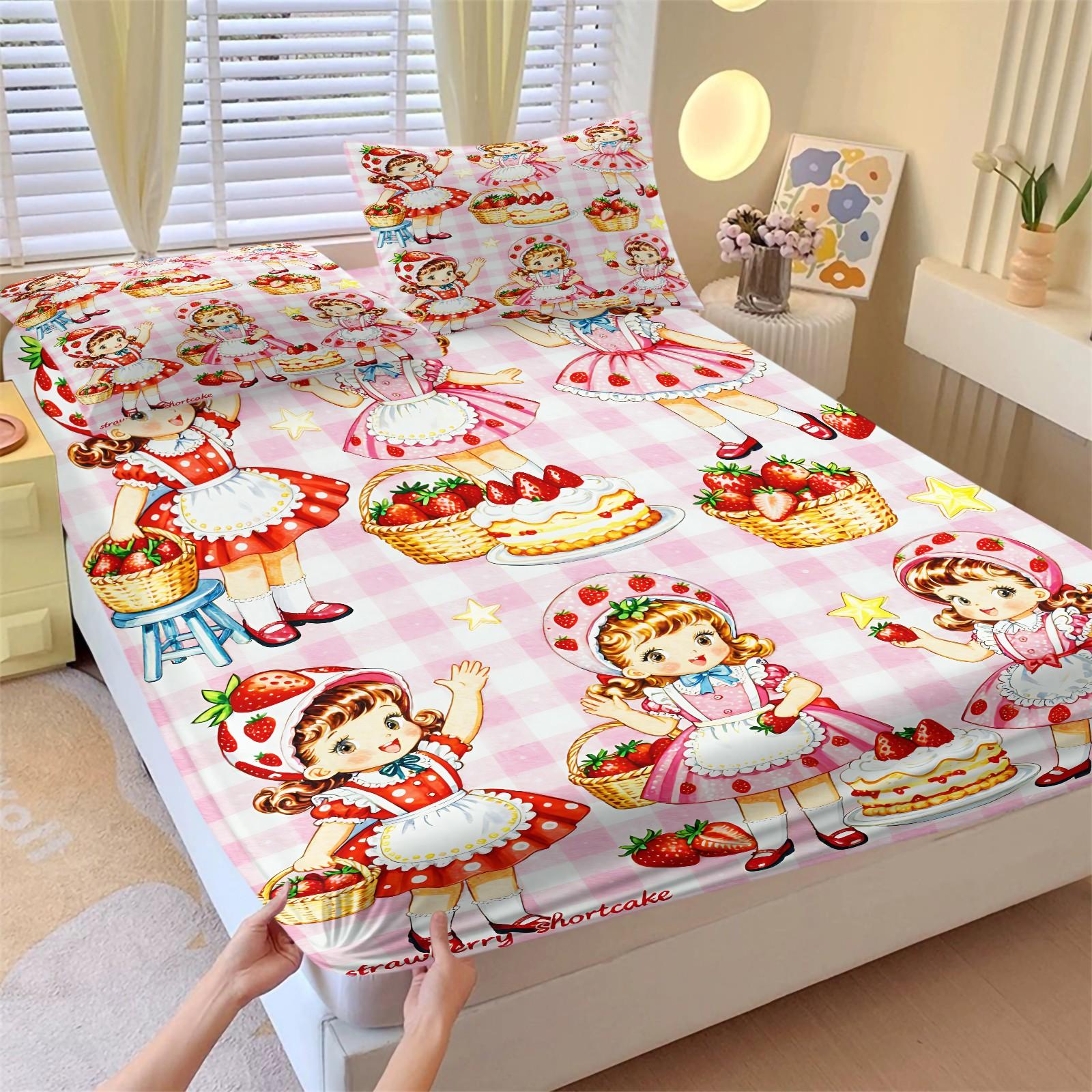Strawberry Sweetheart Fitted Sheet Set and 2 Pillowcases No Core, Pink-White Checkered, Vintage Hand-Drawn Dessert Party Design, Soft Anti-Slip Bedding, Fairy Tale Girls Room, Kids Room Decor, Gift Choice