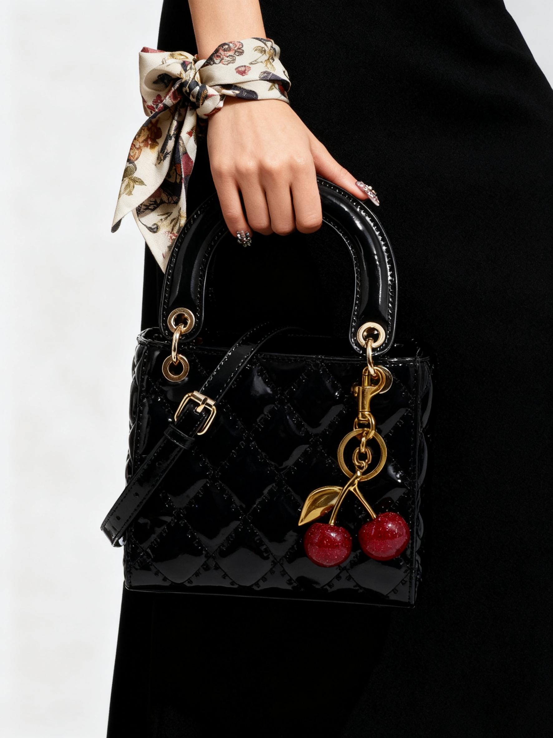 Checkered Bag with Cherry Charm, Fashionable Versatile Handbag, Elegant Women's Shoulder Crossbody Bag, Casual Style, Casual Handbag Satchel, Handheld Bag Purse