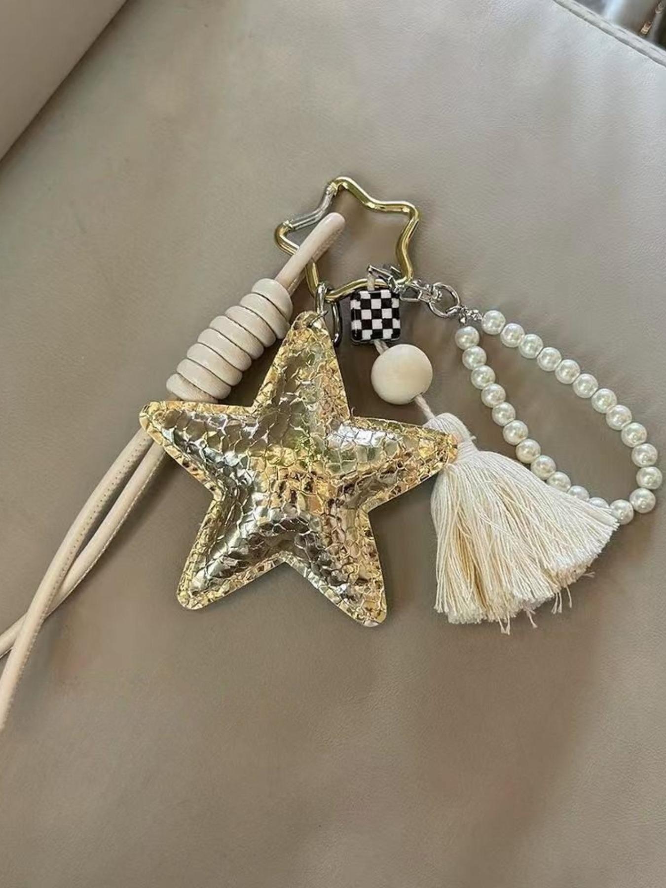 Gold Silver Color Pearl Sequin Star Bag Charm, Style Keychain Pendant, Book Decoration Accessory, Fashion Jewelry Gift, Sparkly Bag Charm