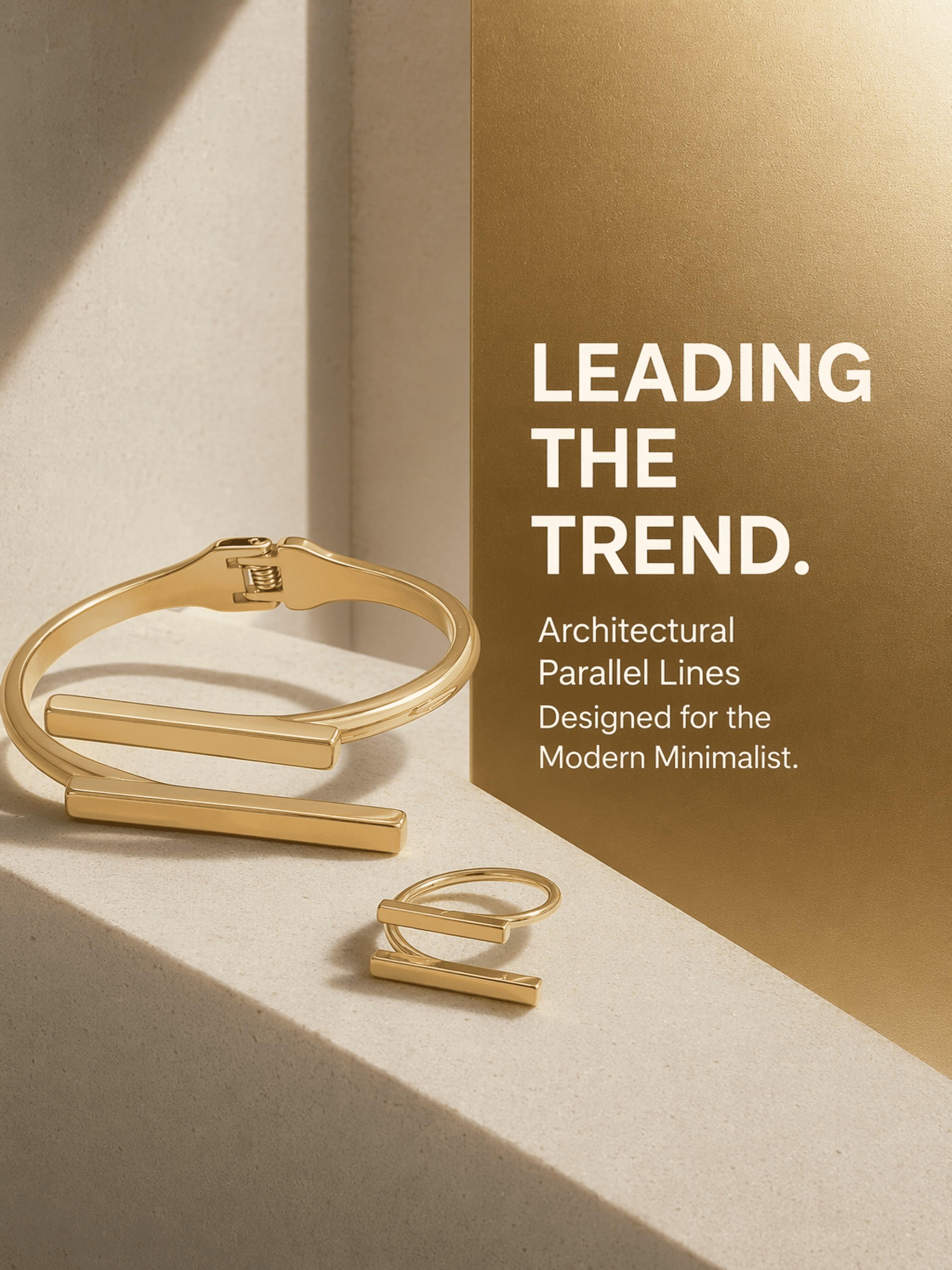 Minimalist Geometric Linear Gold-Plated Bracelet & Ring Set, Luxe Versatile Jewelry for Daily Commute & Date Nights