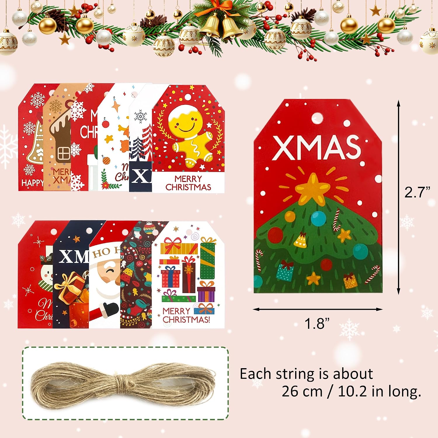 48 count Xmas  Tags Christmas Labels with Jute String Christmas Name Tags for Presents Wrapping and Tree Decoration (12 Styles)