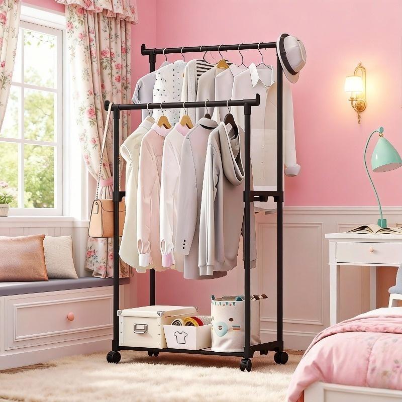 1 double pole simple multifunctional household floor Laundry drying rack, clothes drying pole assembly, clothes drying storage rack, clothes hanging rack storage rack with storage layer rack, drying and storage 2-in-1 Shelf Single Layer Rack