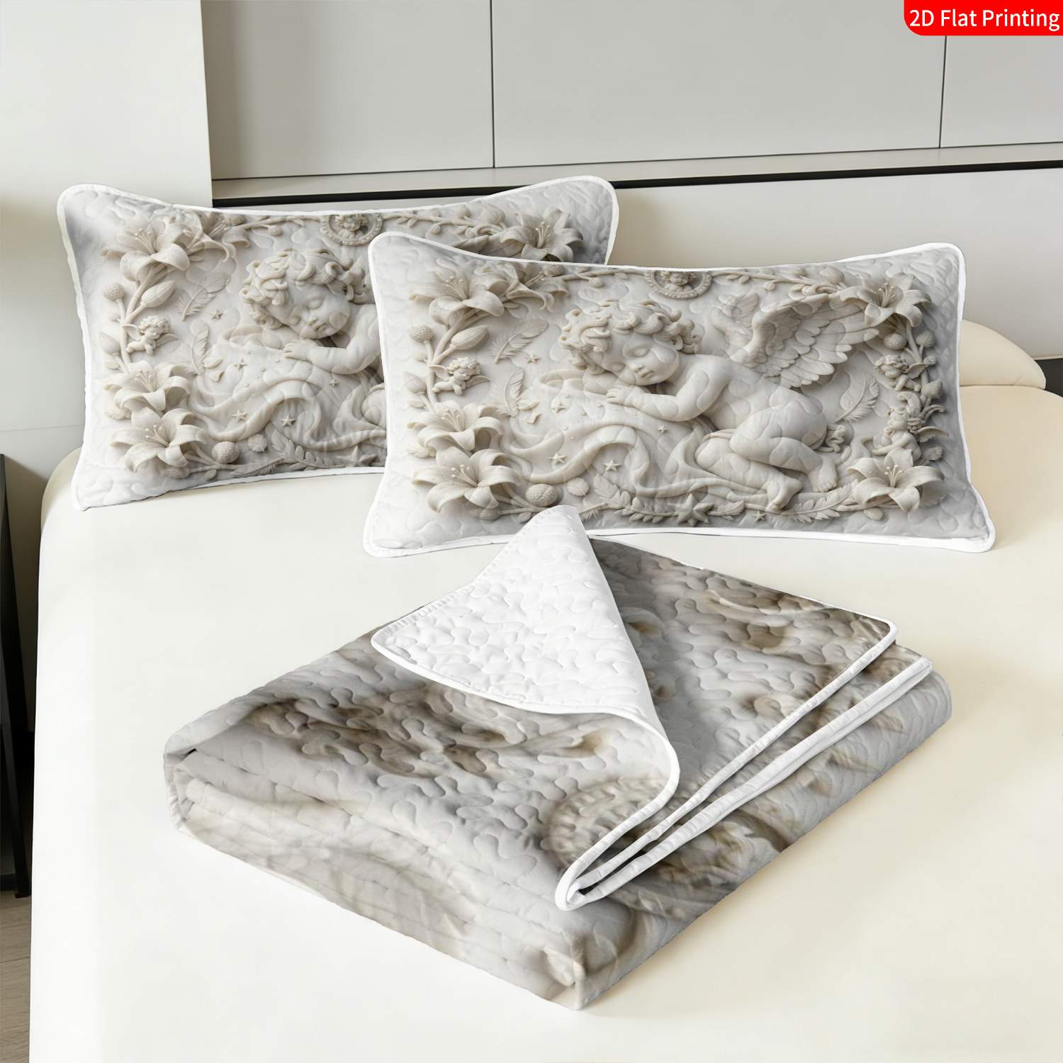 3 pcs, 2D flat print Angelic Relief Art bed cover set, Cherub & Floral Theme, multiple sizes available, bedding set, festive decorative bedding, ideal for bedroom decor(1 bedspread , 2 pillowcases)